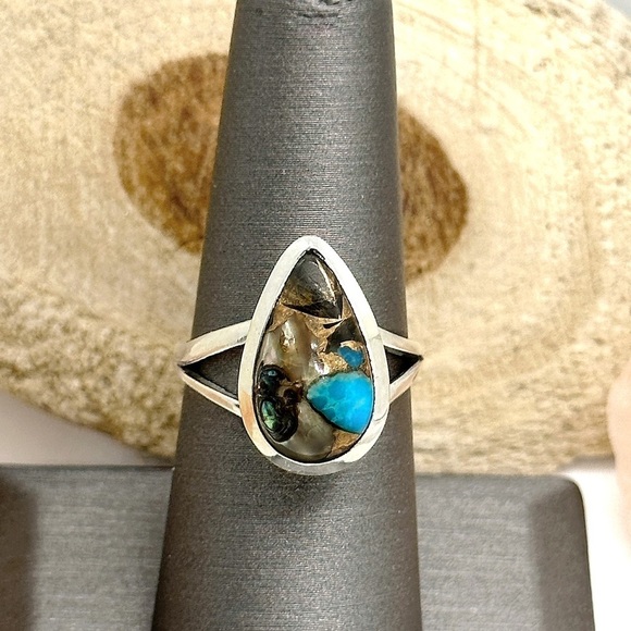 Natural Shell In Blue/Black Turquoise Solid Sterling Silver Ring - Picture 4 of 4
